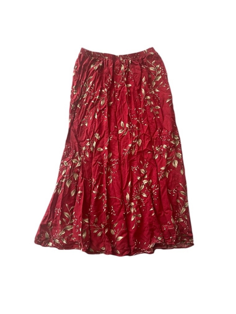 Women's Red Midi Skirt with Gold Leaf Print